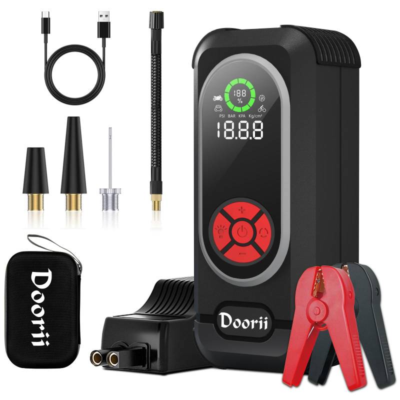 4000A Starthilfe Powerbank mit Kompressor,12V Booster Auto Starthilfe für All Benzin und 10.0L Dieselmotor, Starthilfe mit LED, DC Ausgang und Dual USB (Jump Starter-Q10-3) von Doorii
