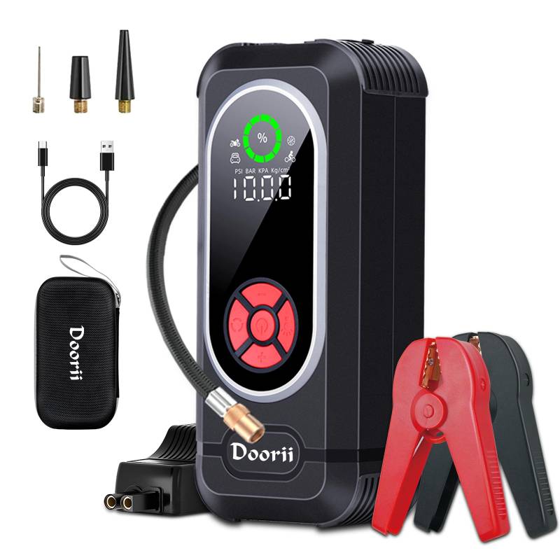 4000A Starthilfe Powerbank mit Kompressor,12V Booster Auto Starthilfe für All Benzin und 10.0L Dieselmotor, Starthilfe mit LED, DC Ausgang und Dual USB (Q10) von Doorii
