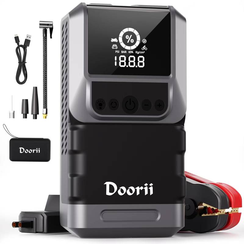 Starthilfe Powerbank mit Kompressor 150PSI 4000A, 12V Auto Batterie Booster mit LCD Bildschirm, QC3.0 Schnelles Aufladen, Tragbare Starter Powerbank mit LED (Q13-01) von Doorii