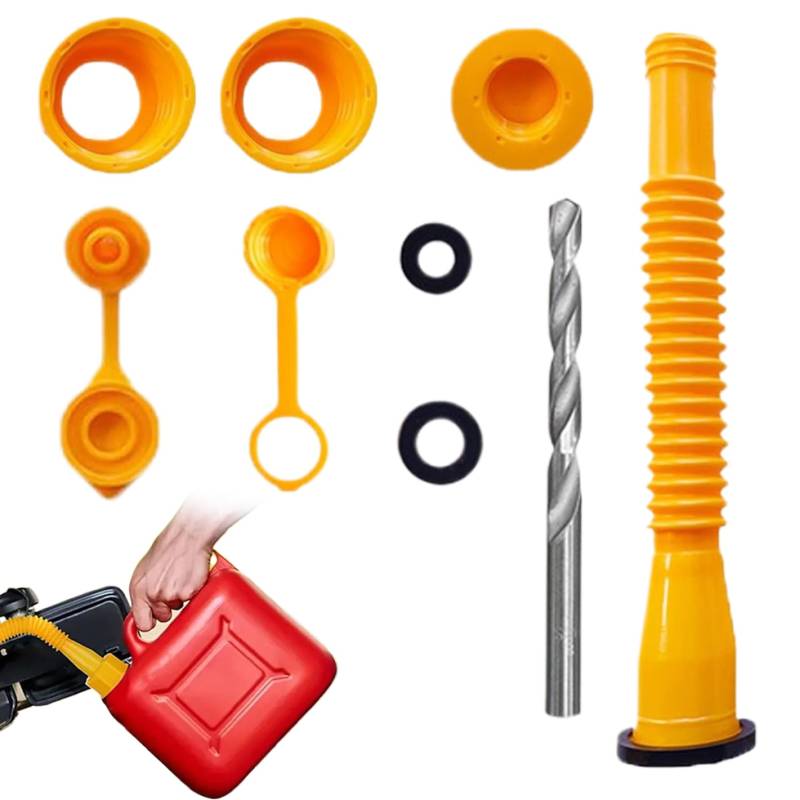1 Satz Ersatz-Benzinkanister-Ausguss-Kit 7, 9 Zoll Benzinkanister-Ausguss mit Dichtungsringen, Ausgusskappe, Dichtungsdichtung, Stopfen, Entlüftungskappe, Bohrer Gelbes flexibles -Dü von Dorccsi