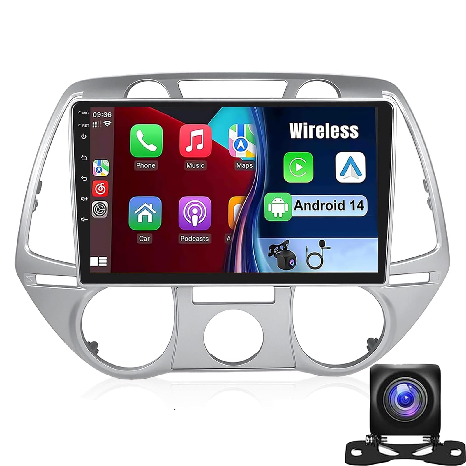 Dorwioll Autoradio Für Hy-undai I20 2008–2011 (manuelle Klimaanlage) Android 14 Head Unit 9-Zoll-Touchscreen Autoradio Mit Kabellosem CarPlay Android Auto Bluetooth WiFi GPS-Navigation FM(Color:Y400) von Dorwioll