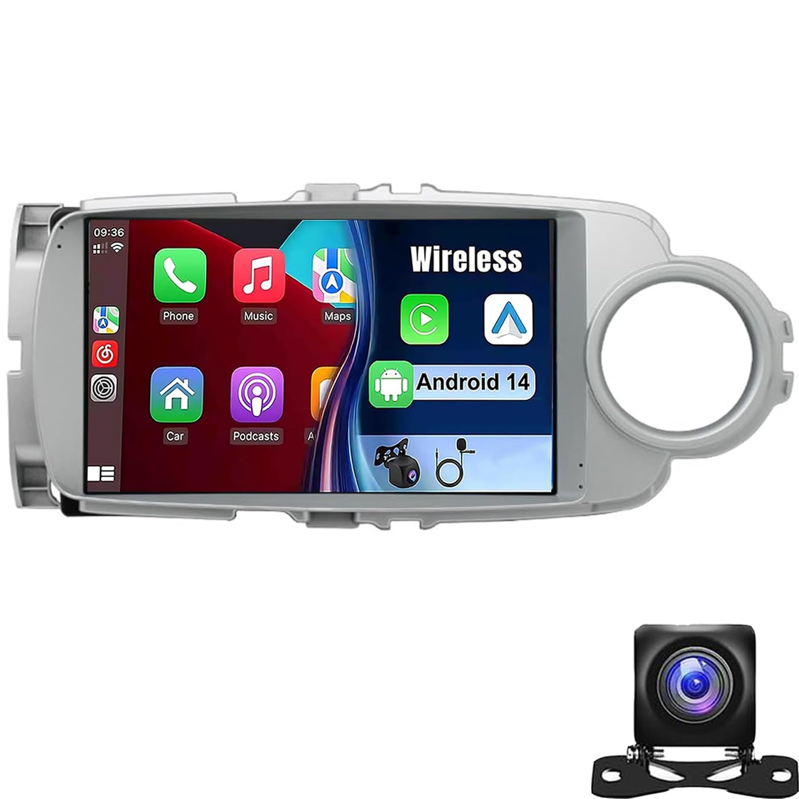 Kabelloses Carplay-Autoradio 9-Zoll-HD-Touchscreen Autoradio Passend Für To-yota Yaris Vitz 2012–2017 GPS-Navigation Bluetooth FM/AM-Radio SWC Rückfahrkamera Mikrofon RDS-Haupteinheit(Color:Y100) von Dorwioll