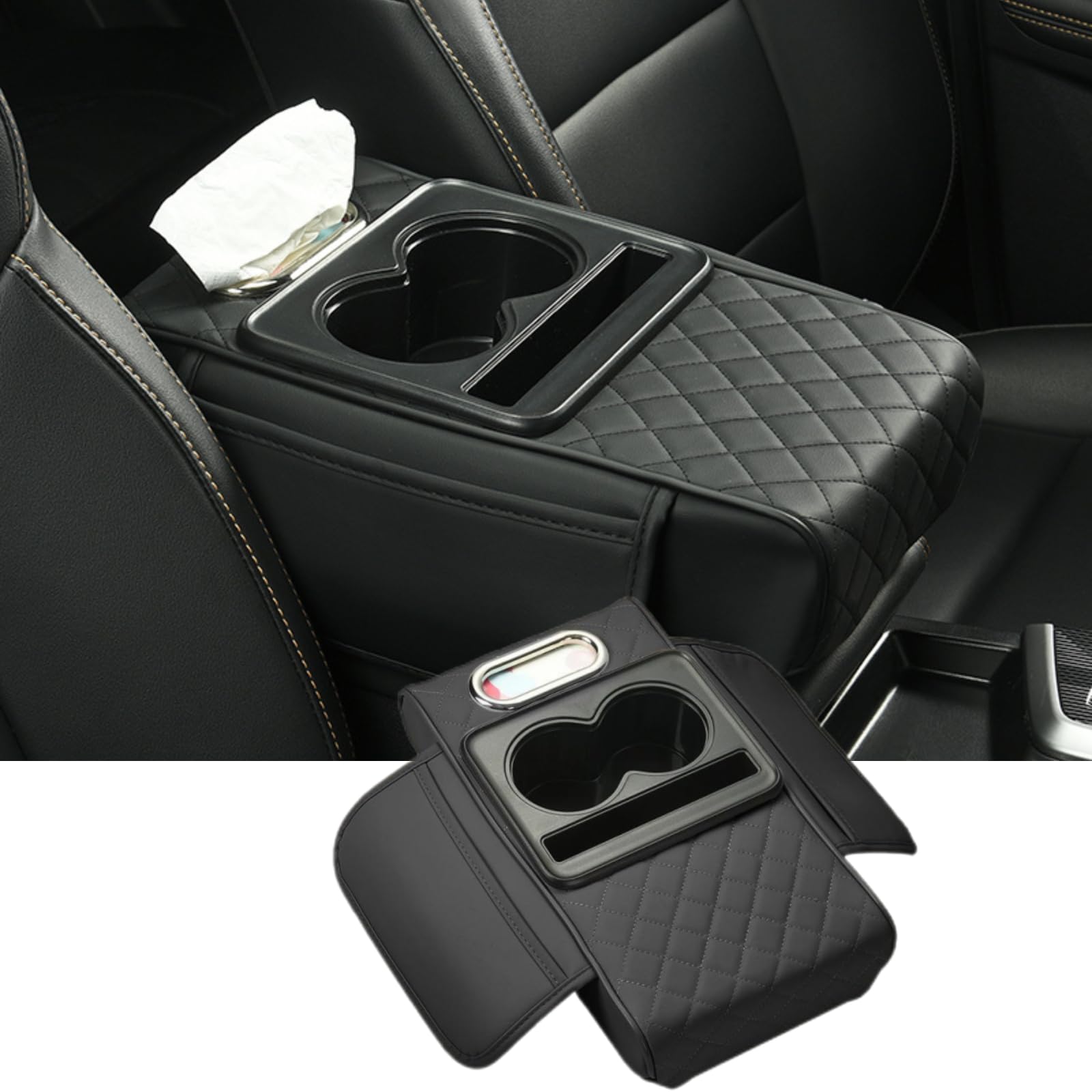 Armlehnenbezug aus Mikrofaser-Leder für Auto, Mittelkonsolen-Abdeckung mit 2 Aufbewahrungstaschen, 2 Getränkehaltern und einer Taschentuchbox, universelles Autokonsolenzubehör, Schwarz (aktualisiert) von Doynrtx