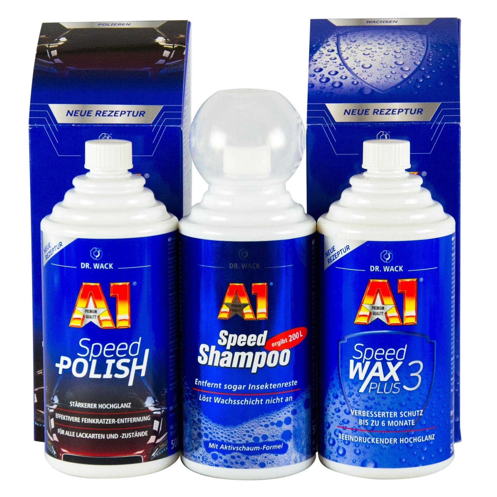DR. WACK A1 Speed Polish Politur 500ml & Speed Wax Plus 3 500ml & Shampoo 500ml von DR. WACK