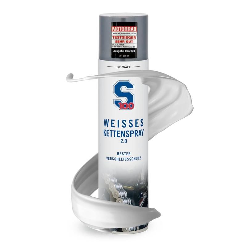 Dr. Wack - S100 Weißes Kettenspray 2.0 400 ml IKettenöl für noch weniger Reibung & Verschleiß I für alle Motorräder I Hochwertige Motorradpflege – Made in Germany von DR. WACK