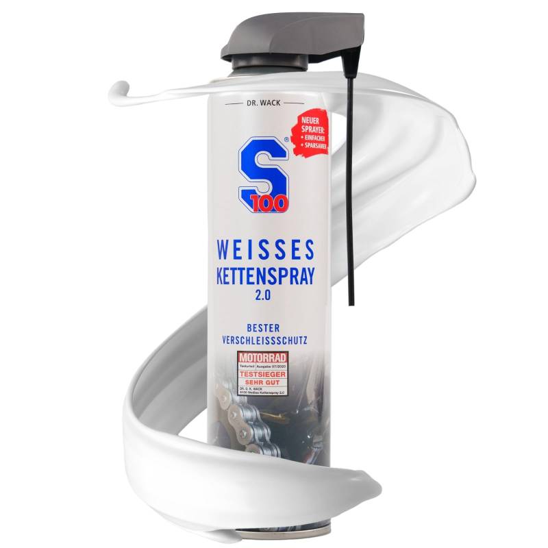 DR. WACK S100 Weißes Kettenspray für Motorrad 400ml - Effektiver Kettenschmierstoff - Schutz vor Verschleiß & Korrosion - Kettenspray für weniger Reibung - für alle Ketten - Hochwertige Motorradpflege von Dr. Wack