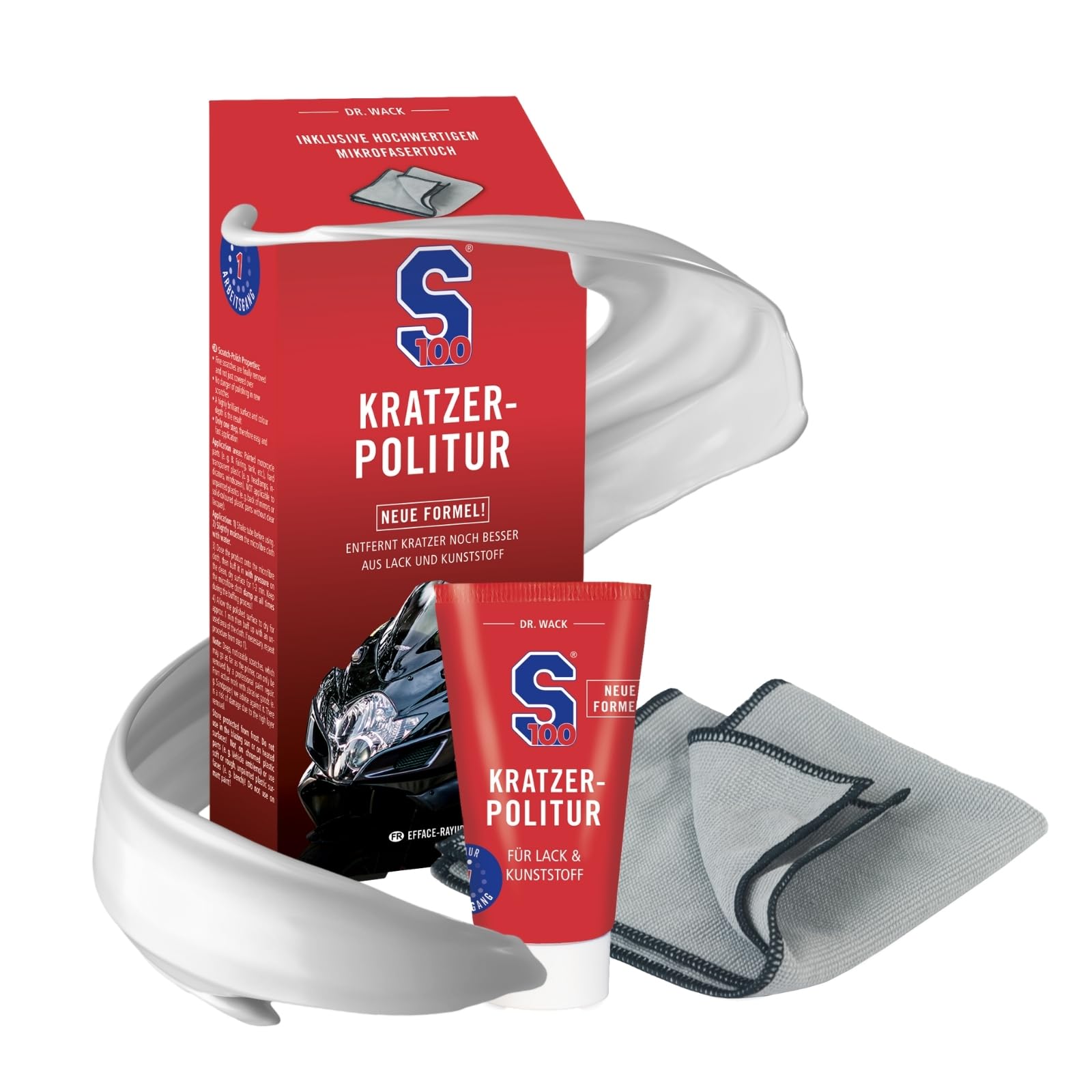 Dr. Wack - S100 Kratzer-Politur inkl. zwei Spezialtücher 50 ml, Premium Motorrad-Politur für alle Motorräder, Für viele Oberflächen geeignet, Hochwertige Motorradpflege – Made in Germany von DR. WACK