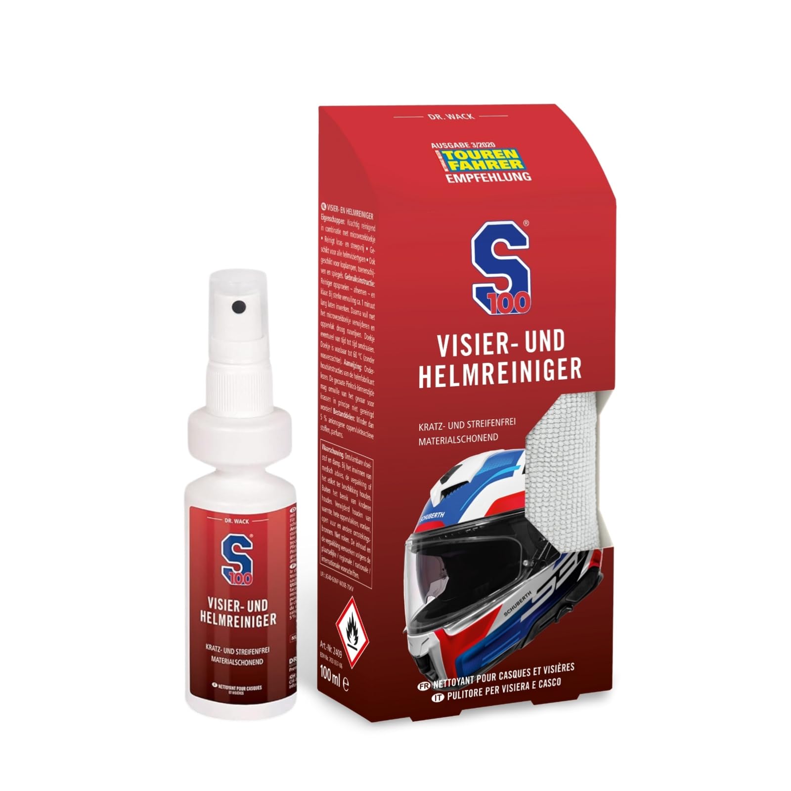 Dr. Wack - S100 Visier- & Helmreiniger 100 ml inkl. Mikrofasertuch I Premium -Reiniger für alle Motorradhelme I Für die schnelle Reinigung unterwegs I Hochwertige Helmpflege – Made in Germany von DR. WACK