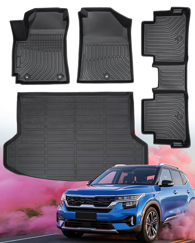 DrCarNow Für Kia Seltos Fußmatten, 2021 2022 2023 für Kia Seltos Fußmatte (außer SX Turbo-Modelle), Allwetter-Gummi-Automatten, komplettes Set, Fußmatten und Kofferraummatten hinter der 2. Reihe in von DrCarNow