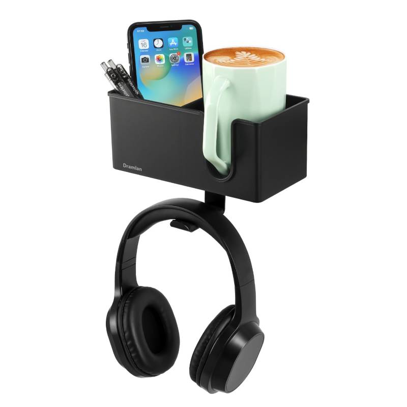 SchreibtischOrganizer mit Kopfhörer-Aufhänger, Schreibtisch-Getränkehalter für Schreibtisch-Aufbewahrung, Getränke, Handyhalter, Clip-on-Schreibtisch-Getränkehalter, drehbarer Kopfhörer-Aufhänger von DramLan