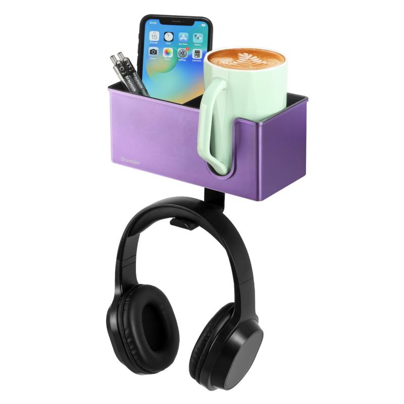 SchreibtischOrganizer mit KopfhörerAufhänger, Schbtisch-Getränkehalter für Schreibtisch-Aufbewahrung, Getränke, Handyhalter, Clip-on-Schreibtisch-Becherhalter, drehbarer Kopfhörer-Aufhänger von DramLan