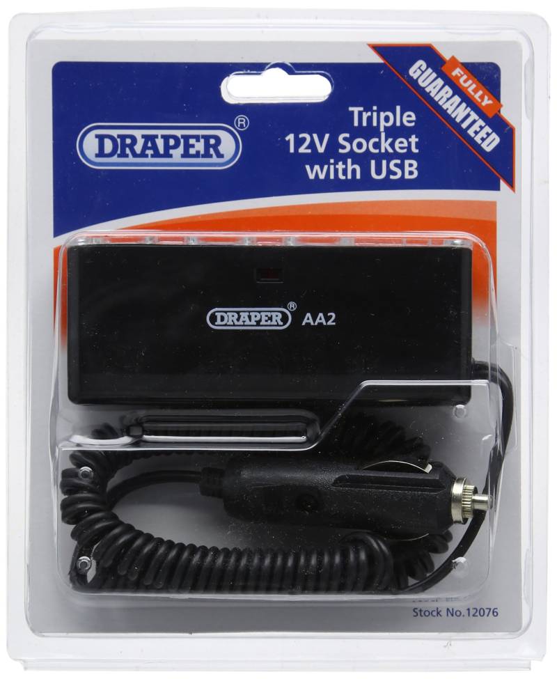Draper 12076 Kfz-Ladeadapter mit 3 Buchsen und USB von Draper