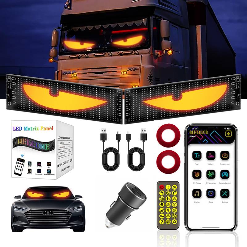 2er Devil Eyes Light For Cars Led Augen für Lkw Auto, Dynamische Programmierbarer Led Laufschrift Leuchtreklame Personalisiert Leuchtschild mit APP-Steuerung und Fernbedienung für Auto LKW (92*374mm) von DriveNova