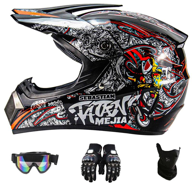 DriveNova Motocross MTB Helm Fullface mit Handschuhe Maske Brille, Erwachsener Motorrad Downhill Full Face Helm Downhill Motorradhelm Kinder ATV Motorradhelm Road Helm DOT Zertifiziert von DriveNova