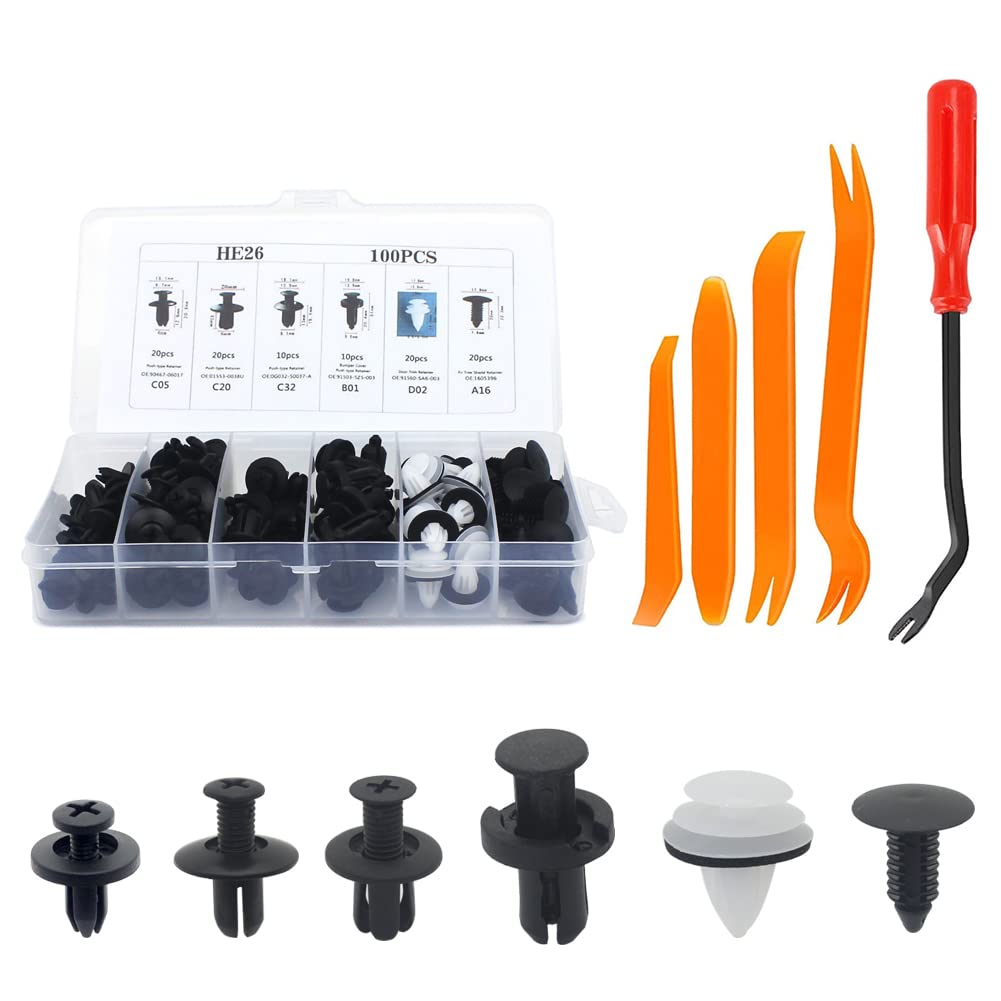 Auto Befestigung Clips, 100 Stücke Auto Befestigung Clips Universal, Türverkleidung Klammern Stoßstangen Zierleisten Plastikklips Set mit Demontage Werkzeuge Auto Befestigung Clips, 100 Stücke Auto Befestigung Clips Universal, Türverkleidung Klammern Stoßstangen Zierleisten Plastikklips Set mit Demontage Werkzeuge von Drsn