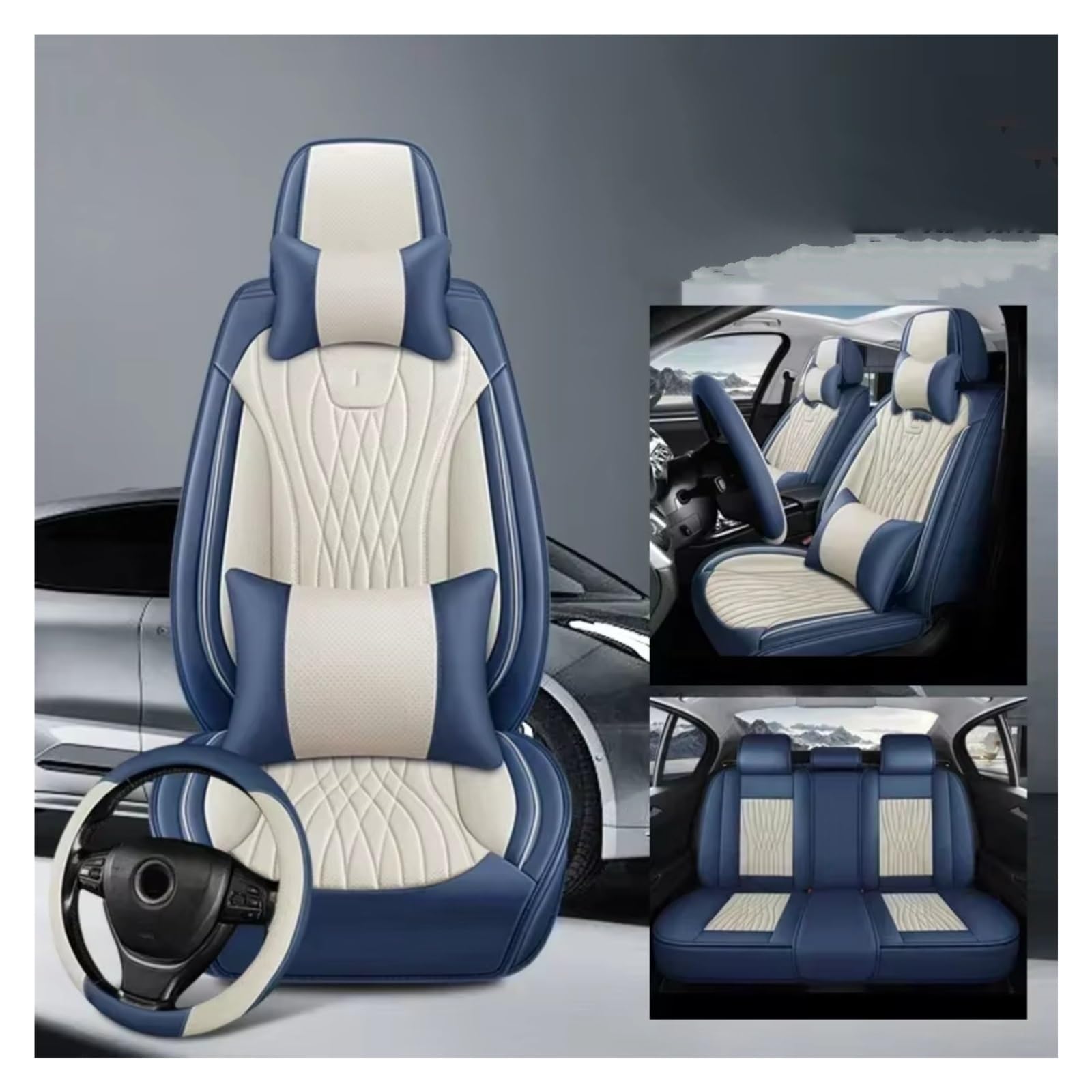 Für Mitsubishi Für Outlander Für ASX Für Eclipse Für Lancer Für Pajero Für Sport Für Zinger Pu Leder Auto Sitz Abdeckung Auto Sitzbezüge(J Blue White 5 Seat) von Dtbdfak