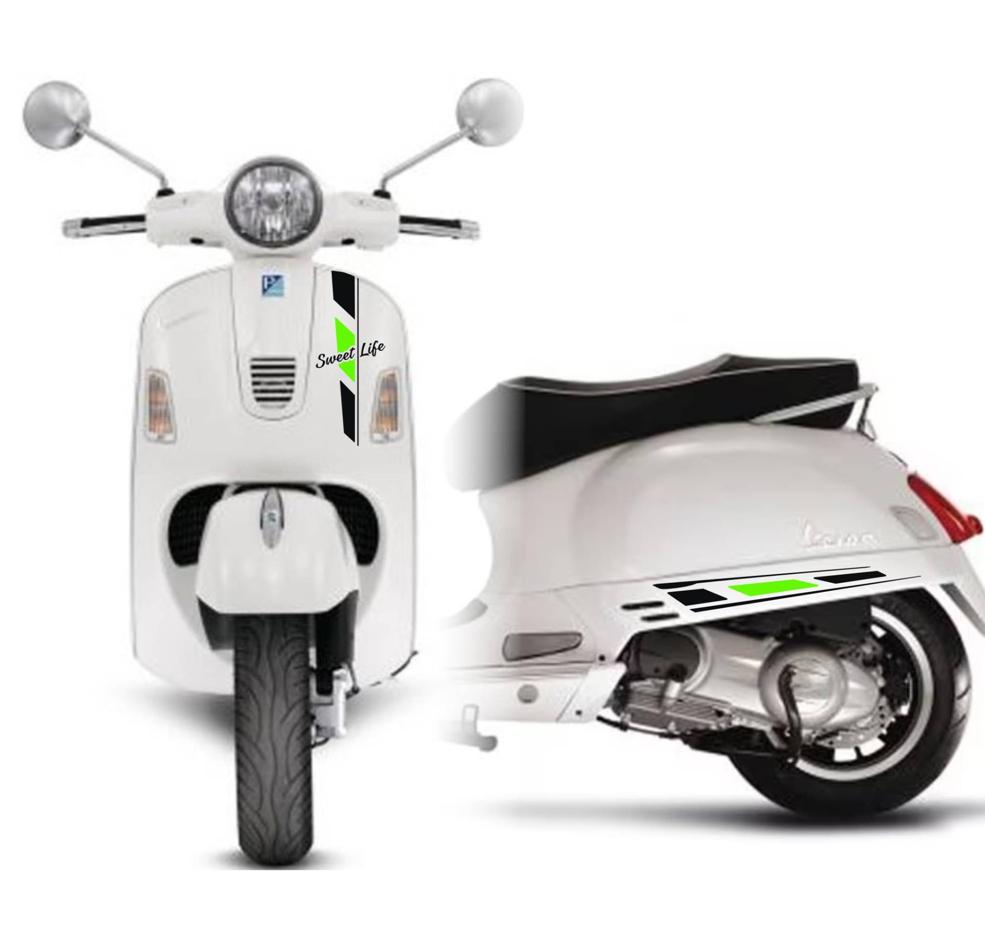 DualColorStampe Aufkleber kompatibel mit Piaggio Vespa 300 GTS Super Kit Aufkleber Komplett SWEET LIFE - Farbe wählbar M0301 (Fluoreszierend Grün-Schwarz Glanz) von DualColorStampe