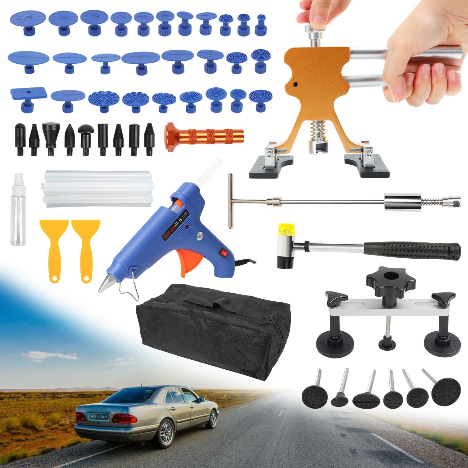 Duisrech 57 Stück Dellen Reparatur Ausbeulwerkzeug Set, Beulen Reparaturset, Mit Dellenzieher/T Typ Puller/Heißklebepistole, Autoreparatur,Dent Removal Kit für Hageldellen/Fahrzeug Dellen von Duisrech