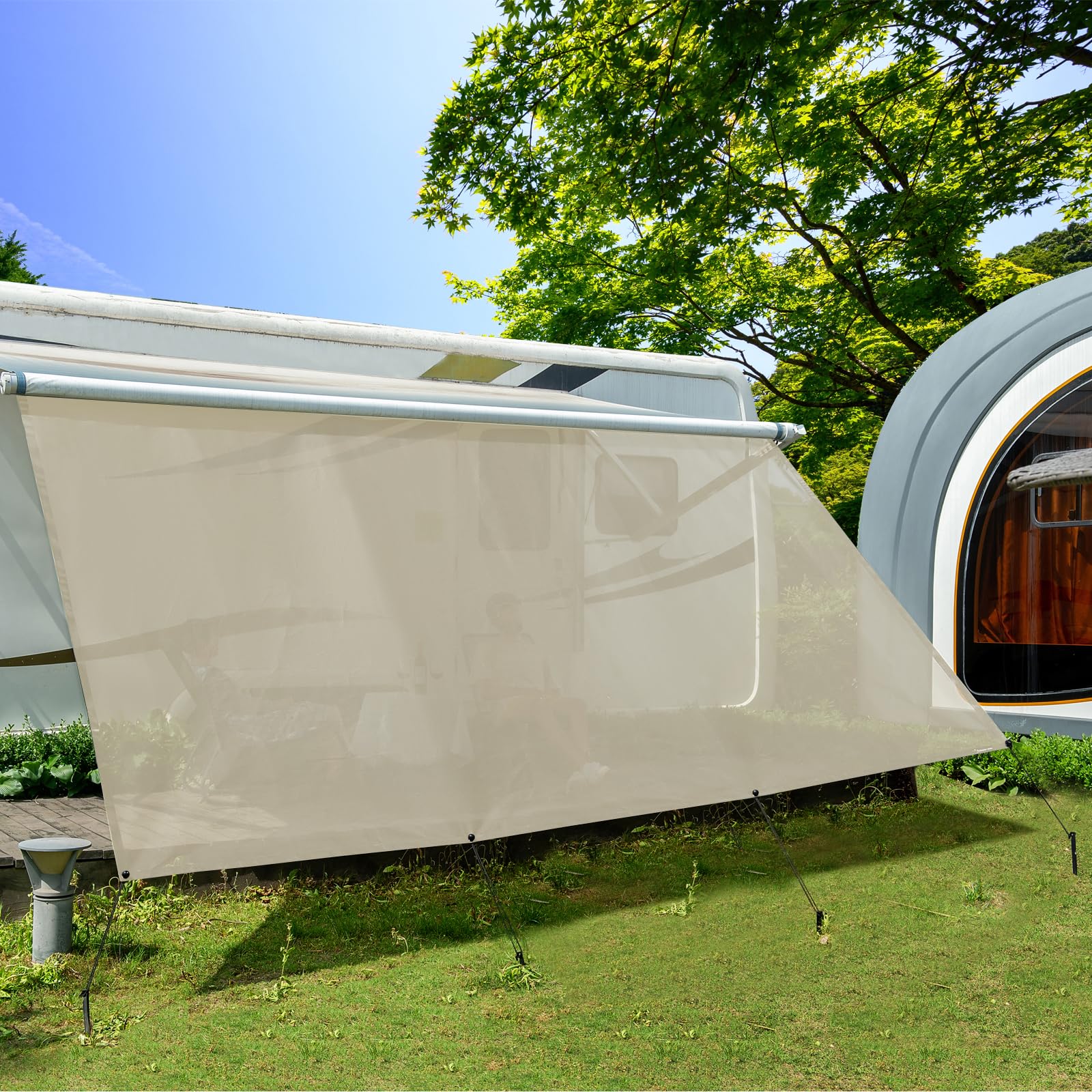 Dulepax Wohnmobil View Blocker Sonnenschutz, universeller RV Markisen Sichtschutz Vorderwand Bildschirm,mit kompletten Kit,2,46 m x 2，85 m,Beige von Dulepax