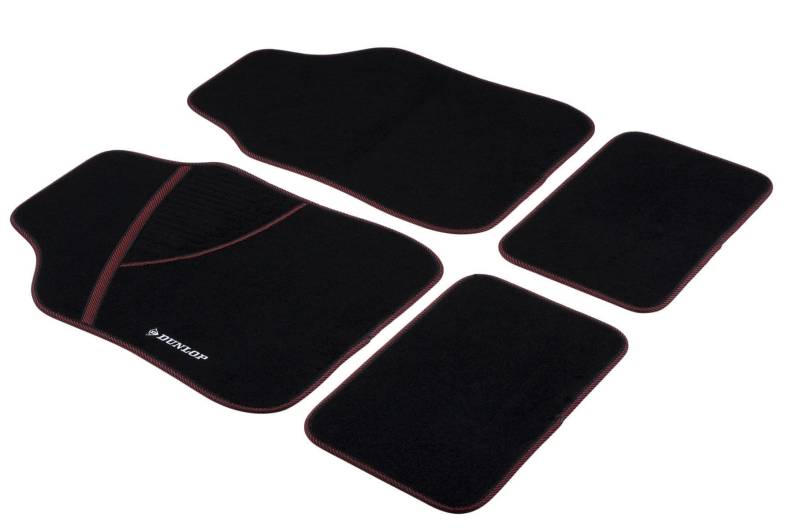 Dunlop Fußmatten Auto - 4 Stück - 2 Automatten 66 x 44 cm - 2 Auto Fußmatten 28 x 42 cm - Verstärkte Fersenkissen - Anti-Rutsch - Schwarz/Rot von Dunlop
