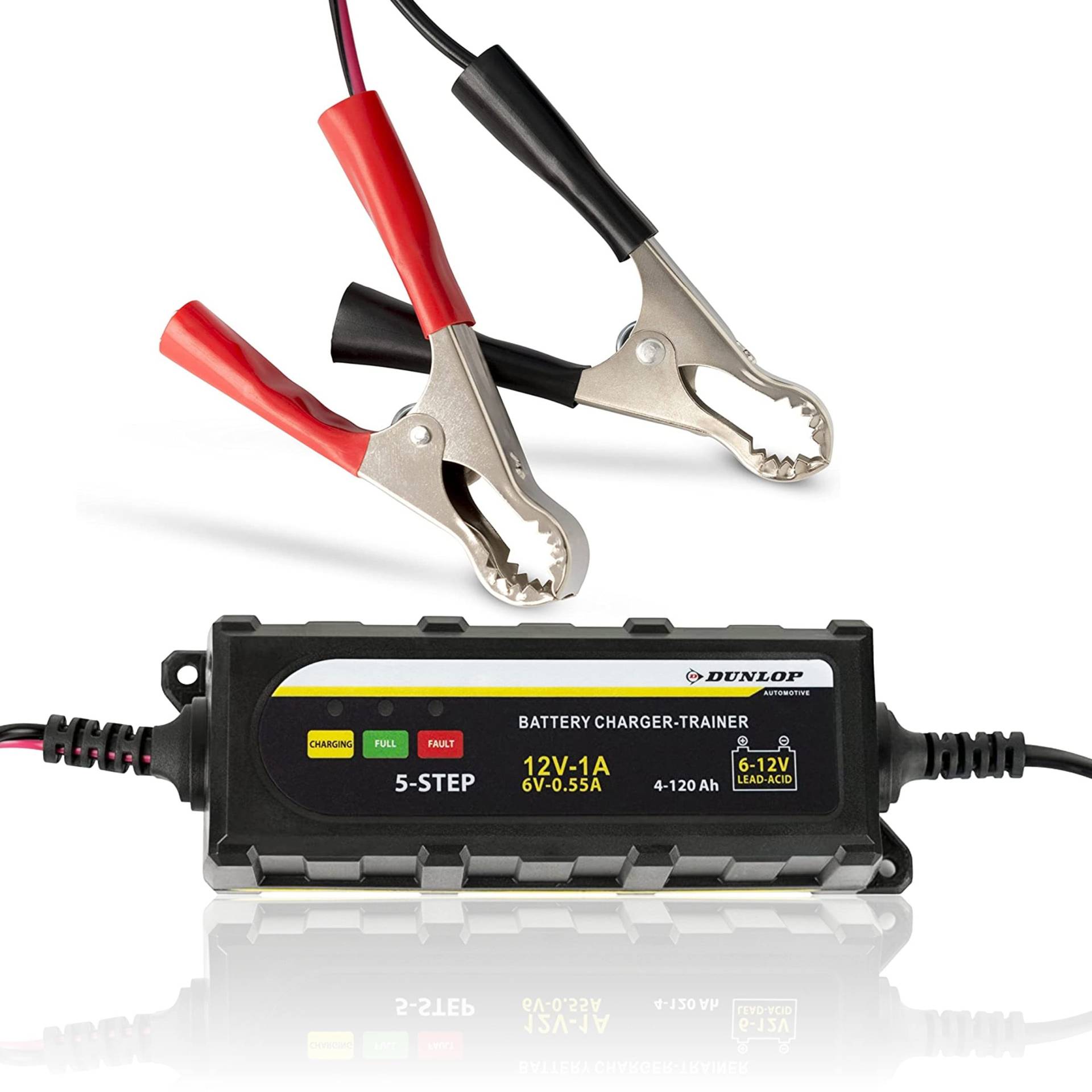Dunlop Batterieladegerät - Tropf-Ladegerät mit LED-Anzeige - IP65 - Laden von Bleisäure-, Gel- und AGM-Batterien - Schwarz von GRUNDIG