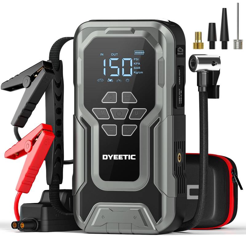 Starter mit Luftkompressor, 2500A Peak 12V Lithium-Batterie für bis zu 8.0L Gas und 6.5L Diesel (Schwarz) von Dyeetic