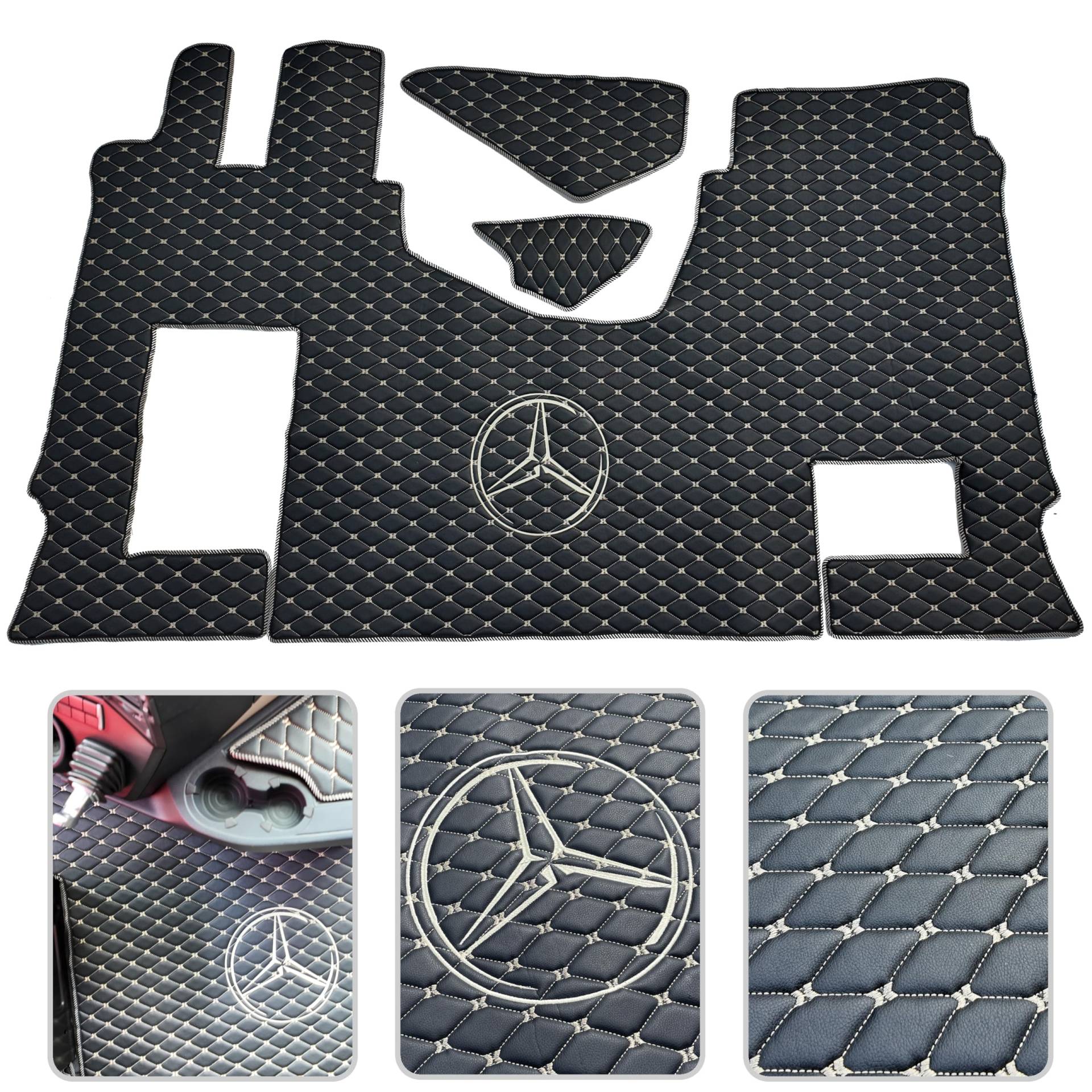 Fußmatten passend für Mercedes Actros MP4, MP5, Kompatibel für Mercedes Actros MP4, MP5, Beifahrersitz ungedämpft (gefaltet) Exklusives Logo (Schwarz-Beige) von E-LUPIN