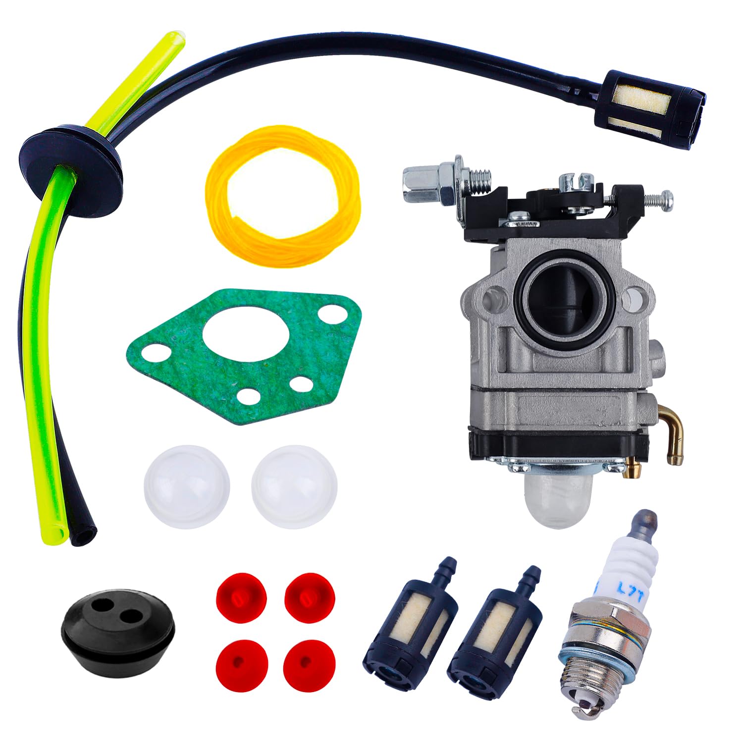 E-RFSEY Vergaser für Motorsense, 52 cc, 49 cc, 43 cc, Vergaser-Set mit Dichtung, Schläuchen, Zündkerze und Kraftstofffilter (14er-Set) von E-RFSEY