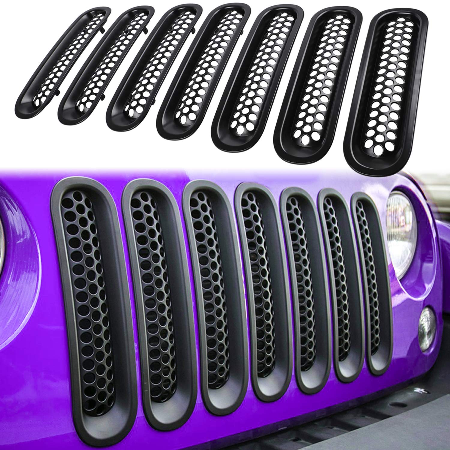7 x Frontgitter-Netzeinsätze für Jeep Wrangler JK JKU Sport Freedom Rubicon Sahara Unlimited 2007–2018 Außenzubehör Clip-in Kühlergrill Schutzabdeckung Verkleidung (mattschwarz) von E-cowlboy