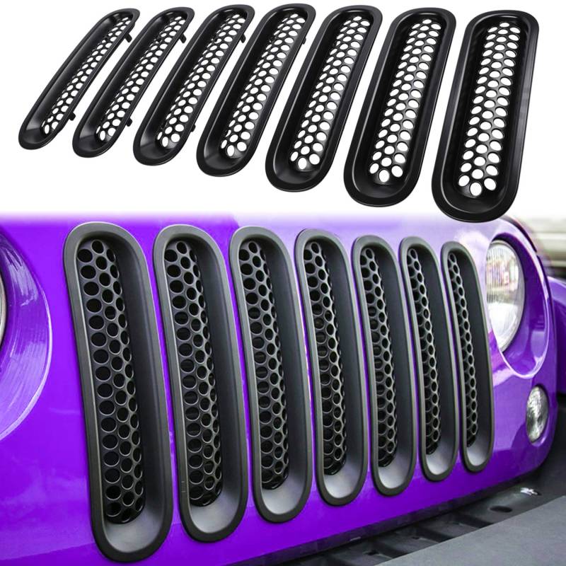 7 x Frontgitter-Netzeinsätze für Jeep Wrangler JK JKU Sport Freedom Rubicon Sahara Unlimited 2007–2018 Außenzubehör Clip-in Kühlergrill Schutzabdeckung Verkleidung (mattschwarz) von E-cowlboy