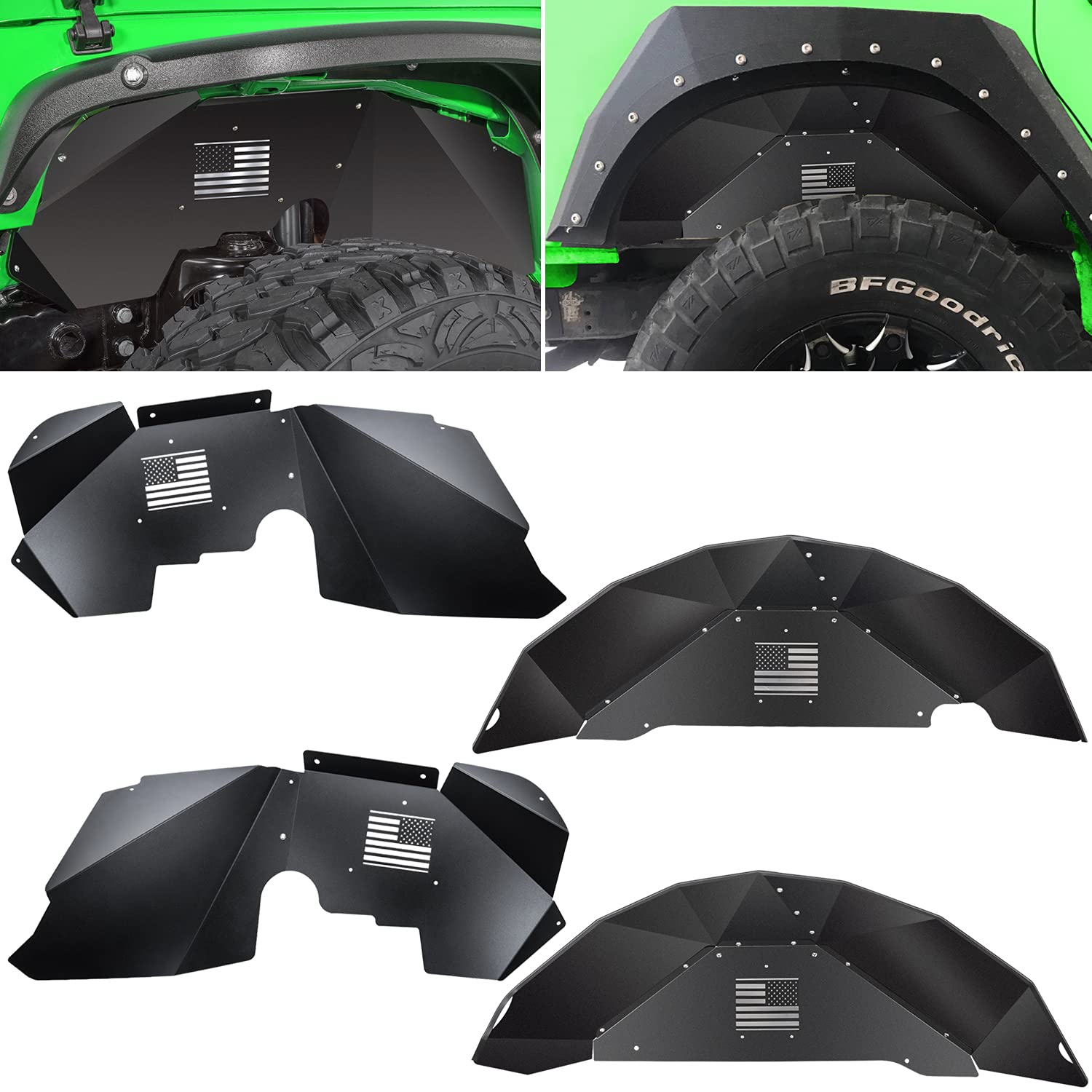 Vordere und hintere innere Kotflügelauskleidung für Jeep Wrangler JK JKU 2007–2018 4WD US-Flagge Logo korrosionsbeständiges Aluminium leichtes Design Spritzschutz (schwarz) von E-cowlboy