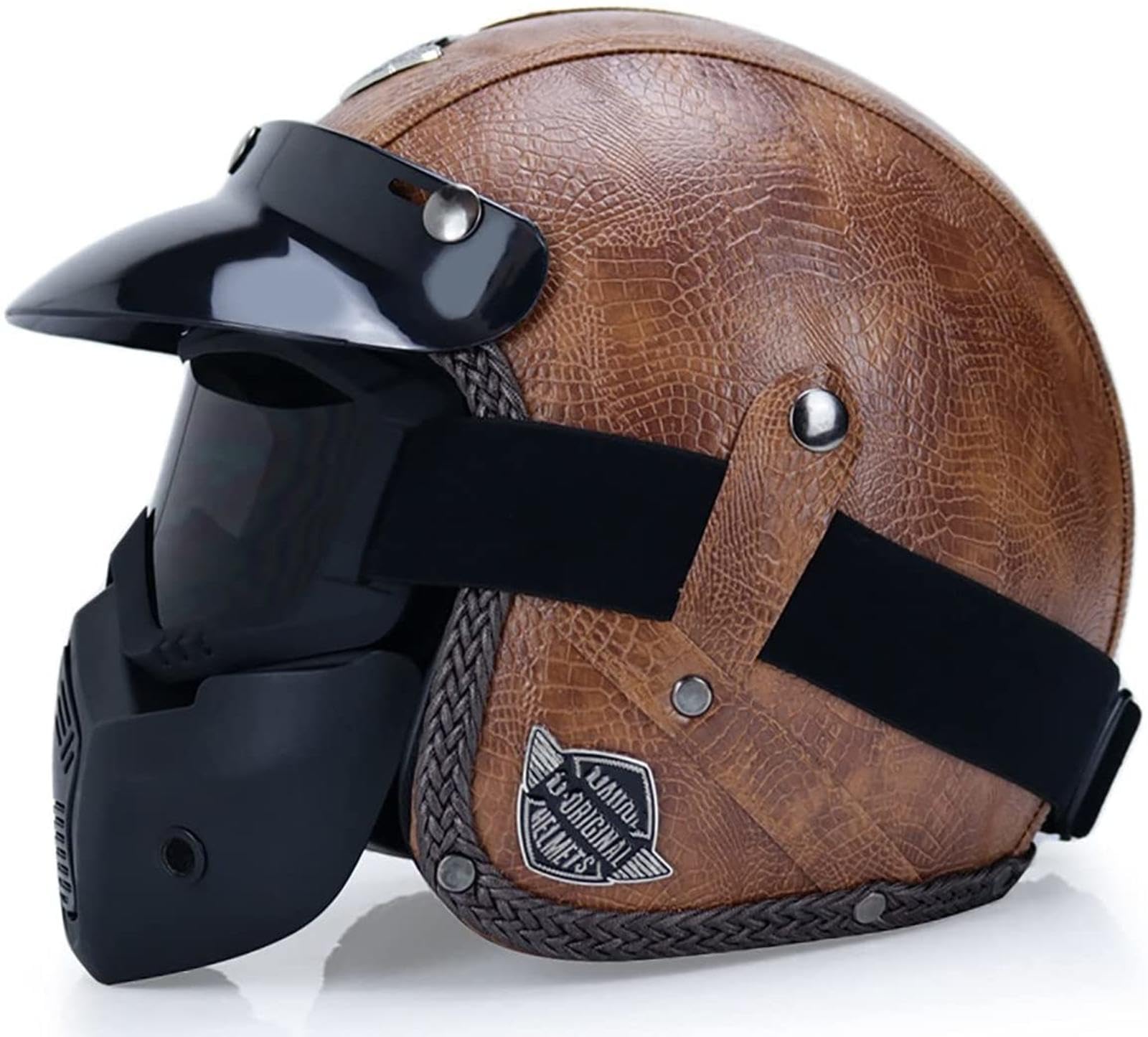 Motorradhalbhelm Halbschalenhelm Bobber Helm Motorradhelm Jet Helm Erwachsene Open Face Helm 3/4 Leder Halbhelm Vintage Lightweight Motorrad Jet Helm DOT ECE Approved,W-S=(55~56cm) von EBAYIN