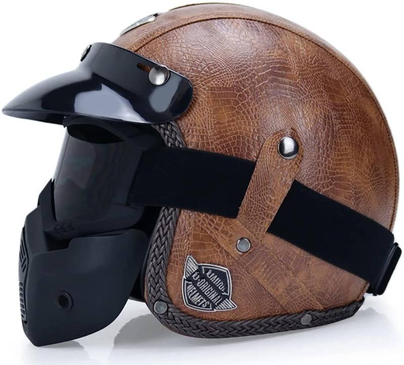 Motorradhalbhelm Halbschalenhelm Bobber Helm Motorradhelm Jet Helm Erwachsene Open Face Helm 3/4 Leder Halbhelm Vintage Lightweight Motorrad Jet Helm DOT ECE Approved,W-S=(55~56cm) von EBAYIN