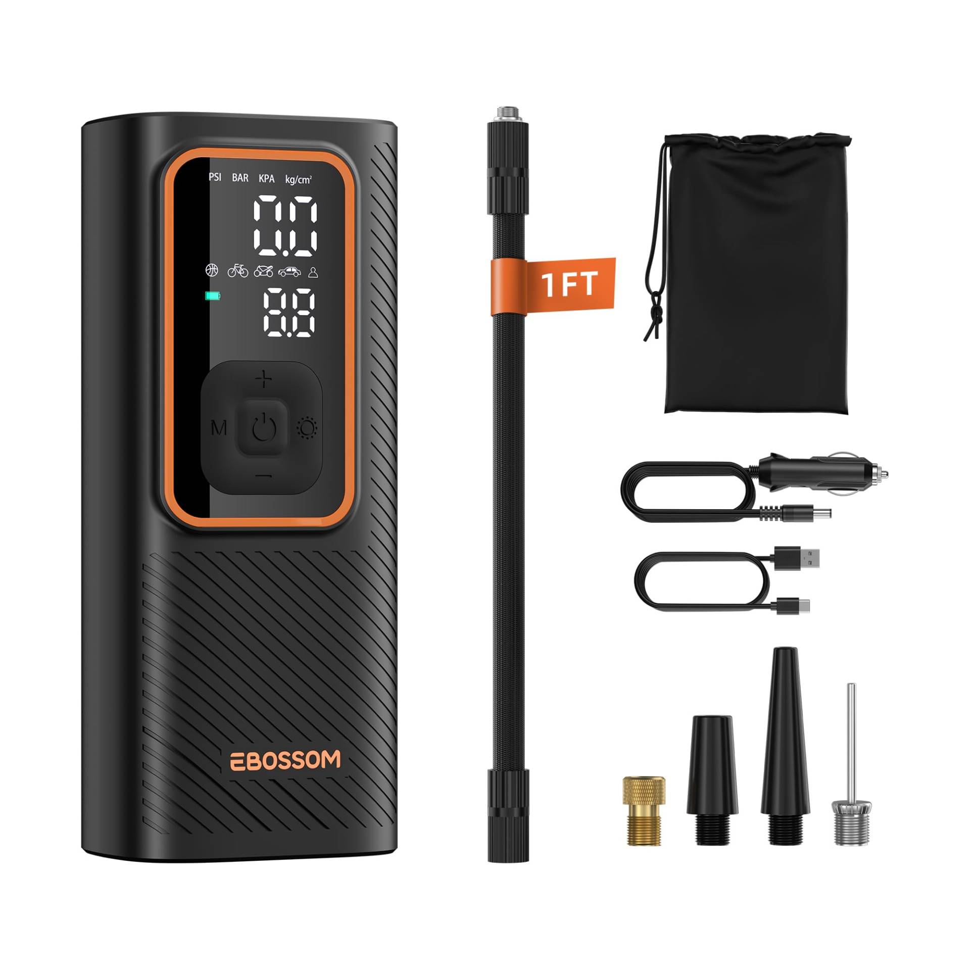 Luftkompressor Mini 150PSI Akku Luftpumpe,6000mAh Pumpe,Tragbare Elektronische Kompressor druckluft,Tragbare Fahrradpumpe mit alle ventile für Auto,Motorrad,Fahrrad,Mit Powerbank,LED-Licht,Orange Luftkompressor Mini 150PSI Akku Luftpumpe,6000mAh Pumpe,Tragbare Elektronische Kompressor druckluft,Tragbare Fahrradpumpe mit alle ventile für Auto,Motorrad,Fahrrad,Mit Powerbank,LED-Licht,Orange von EBOSSOM