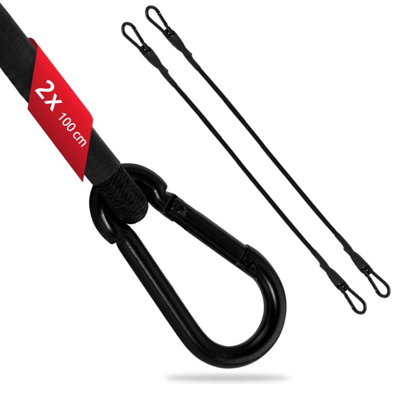 ECENCE 2er Set Spanngummi mit Karabiner aus Edelstahl, Expander mit Haken 100cm in Schwarz Latex Spanngurte, Gepäckspanner für Fahrrad, Auto, Gepäck, Ladung von ECENCE