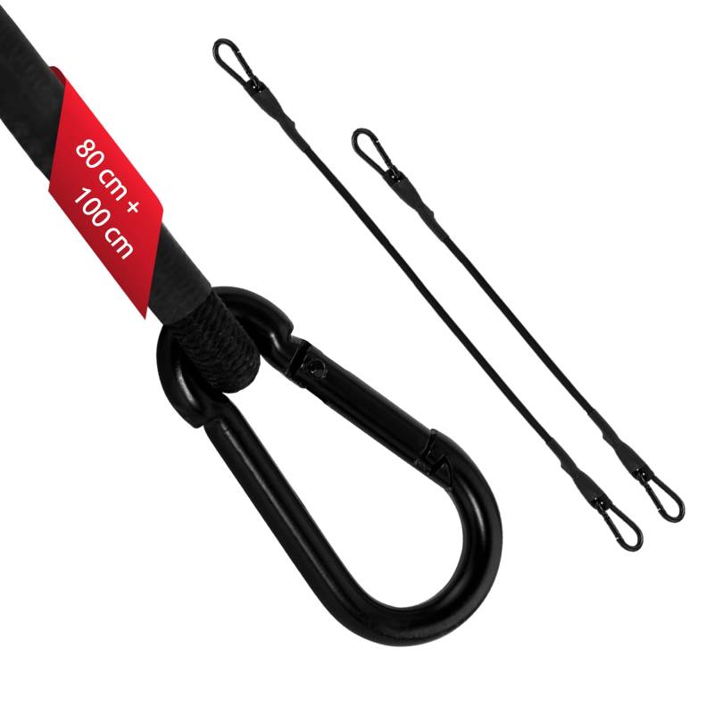 ECENCE 2er Set Spanngummi mit Karabiner aus Edelstahl, Expander mit Haken 1x 100cm + 1x 80cm in Schwarz Latex Spanngurte, Gepäckspanner für Fahrrad, Auto, Gepäck, Ladung von ECENCE