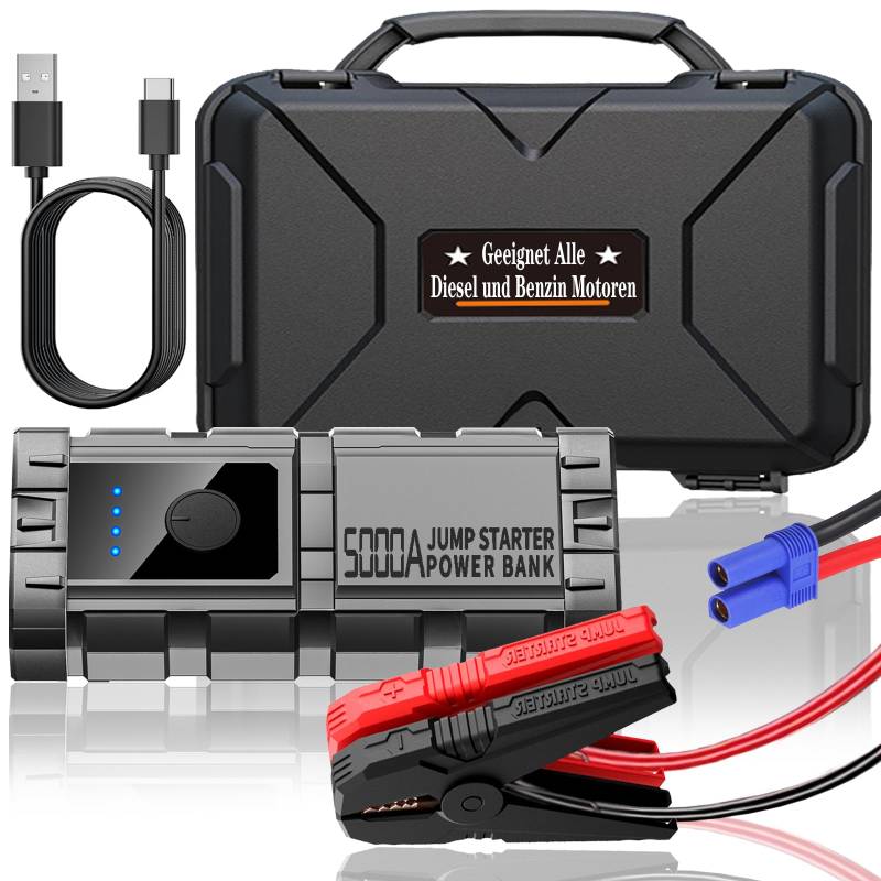 Auto Starthilfe Powerbank 5000A 12V 26000mAh Tragbarer Auto Starter Powerbank Batterie Booster Jump starter auto mit USB-C Kabel/Starter Kabel/LED/Koffer bis zu 10L Benzin und 8L Diesel（2Tage ankomme） von ECO-Baeerss