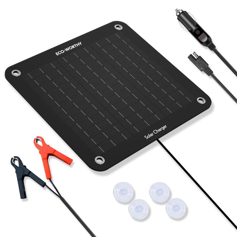 ECO-WORTHY 12 Volt 10 Watt Solar Autobatterie Ladegerät, Solarmodul Erhaltungsladung, Tragbares Solarpanel Notstromversorgung mit Krokodilklemmen Adapter für Auto, Boot, Motorrad, Wohnmobil, LKW von ECO-WORTHY