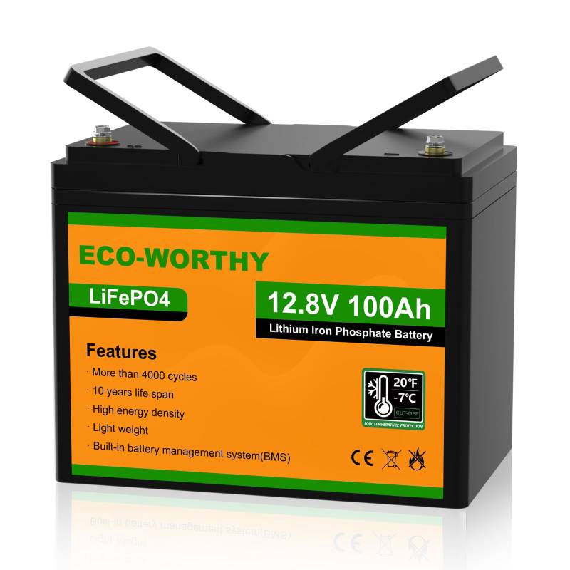 ECO-WORTHY LiFePO4 100Ah 12V Batterie mit BMS Low Temperature Schutz und 3000-15000 Zyklen, 1280Wh Lithiumbatterie für Wohnmobil,Solaranlage, Boot, Haushalt, Solarpanel Kit,Camping von ECO-WORTHY