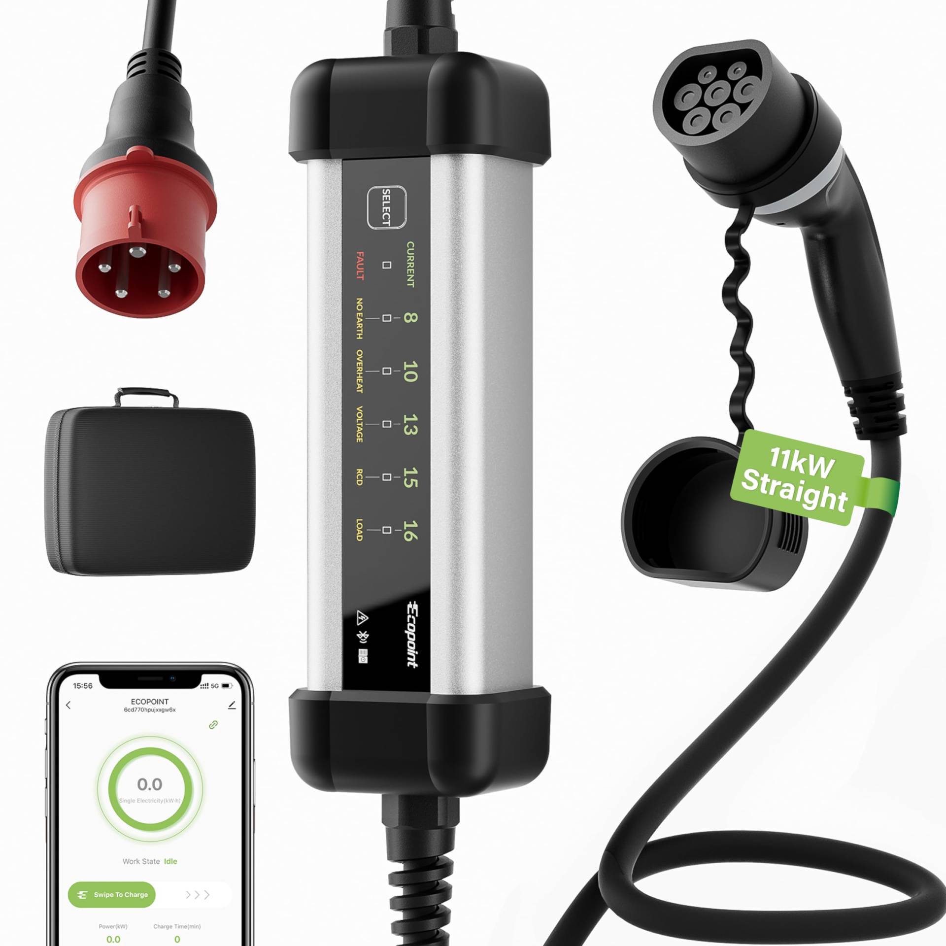 ECOPOINT 3-Phasen EV Ladegerät Typ 2, Aluminiumschale, Mobile Wallbox, 5m Ladekabel, App-Steuerung, 1m CEE-Stecker, IP66, Keine Installation erforderlich, Sicherheitsschutz (11kW, 16A, Gerades Kabel) ECOPOINT 3-Phasen EV Ladegerät Typ 2, Aluminiumschale, Mobile Wallbox, 5m Ladekabel, App-Steuerung, 1m CEE-Stecker, IP66, Keine Installation erforderlich, Sicherheitsschutz (11kW, 16A, Gerades Kabel) von ECOPOINT