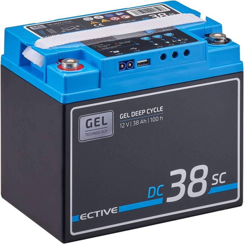 ECTIVE GEL Batterie DC38SC - 12V, 38Ah, mit PWM-Solarladeregler, Nachfüllpacks, LCD-Display - Deep Cycle VRLA Versorgungsbatterie, Solarbatterie, Bootsbatterie, Starterbatterie für Wohnwagen, Camper von ECTIVE
