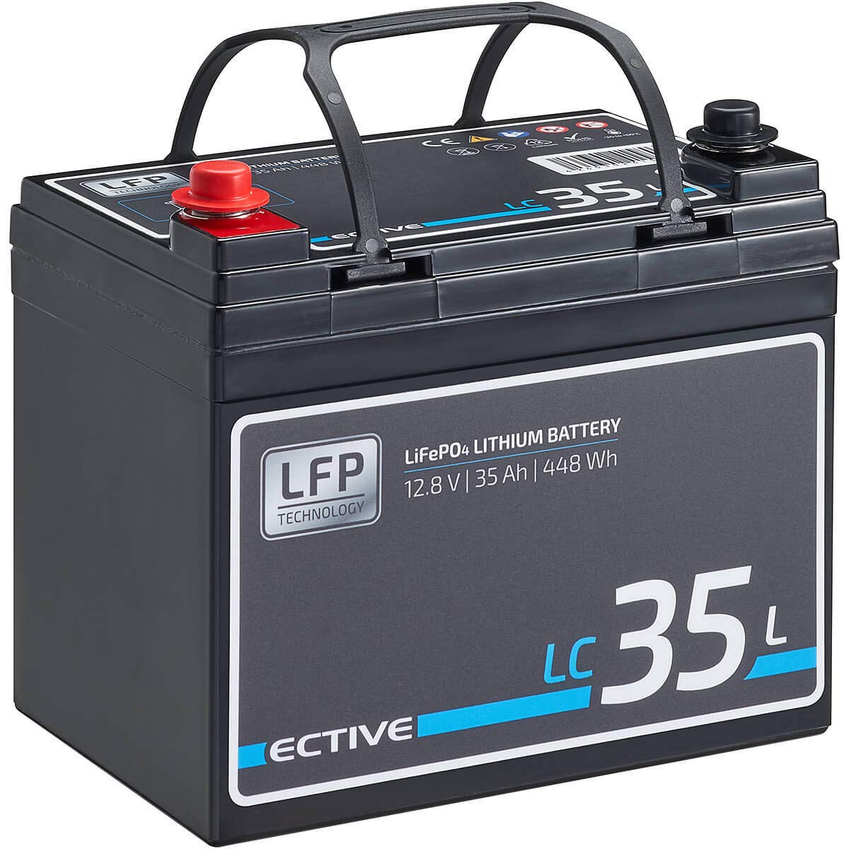 ECTIVE LC35 LiFePo4 Batterie - 12V, 35Ah, BMS, wiederaufladbar, wartungsfrei - Deep Cycle Akku, Lithium Eisen-Phosphat Versorgungsbatterie, Bootsbatterie, Solarbatterie für Wohnwagen, Wohnmobil, Boot von ECTIVE