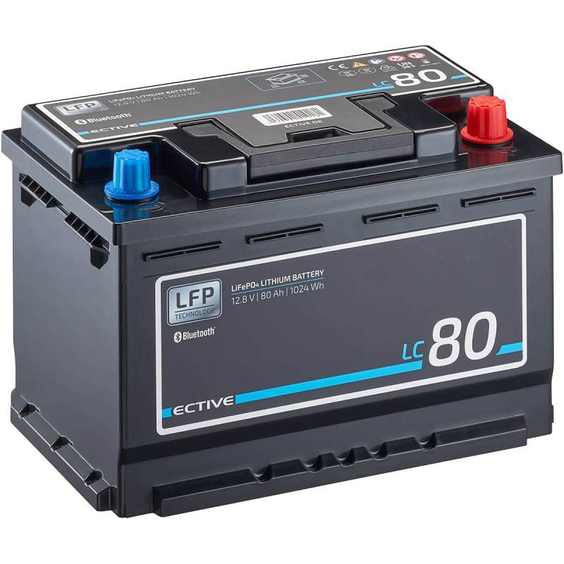 ECTIVE LiFePO4 Batterie LC80L BT - 12V, 80Ah, 1024Wh, Bluetooth - Lithium-Eisenphosphat Versorgungsbatterie, Bootsbatterie, Solarbatterie, Aufbaubaterie für Wohnwagen, Wohnmobil, Camper von ECTIVE