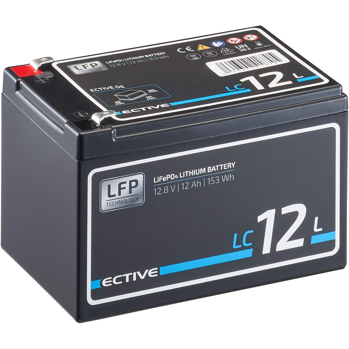 ECTIVE LiFePO4 Batterie LC12L - 12V, 12Ah, 153Wh, mit BMS - Lithium-Eisenphosphat Versorgungsbatterie, Bootsbatterie, Solarbatterie, Aufbaubaterie für Wohnwagen, Wohnmobil, Camper von ECTIVE