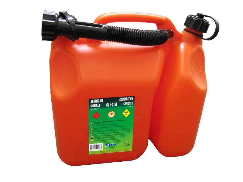 EDA - Benzinkanister mit doppeltem Fach – 6 l für Benzin + 2,5 l für Öl – mit starrem Ausgießer – zugelassen für Kraftstoff – 31,8 x 16,7 x 31,4 cm – Orange von EDA