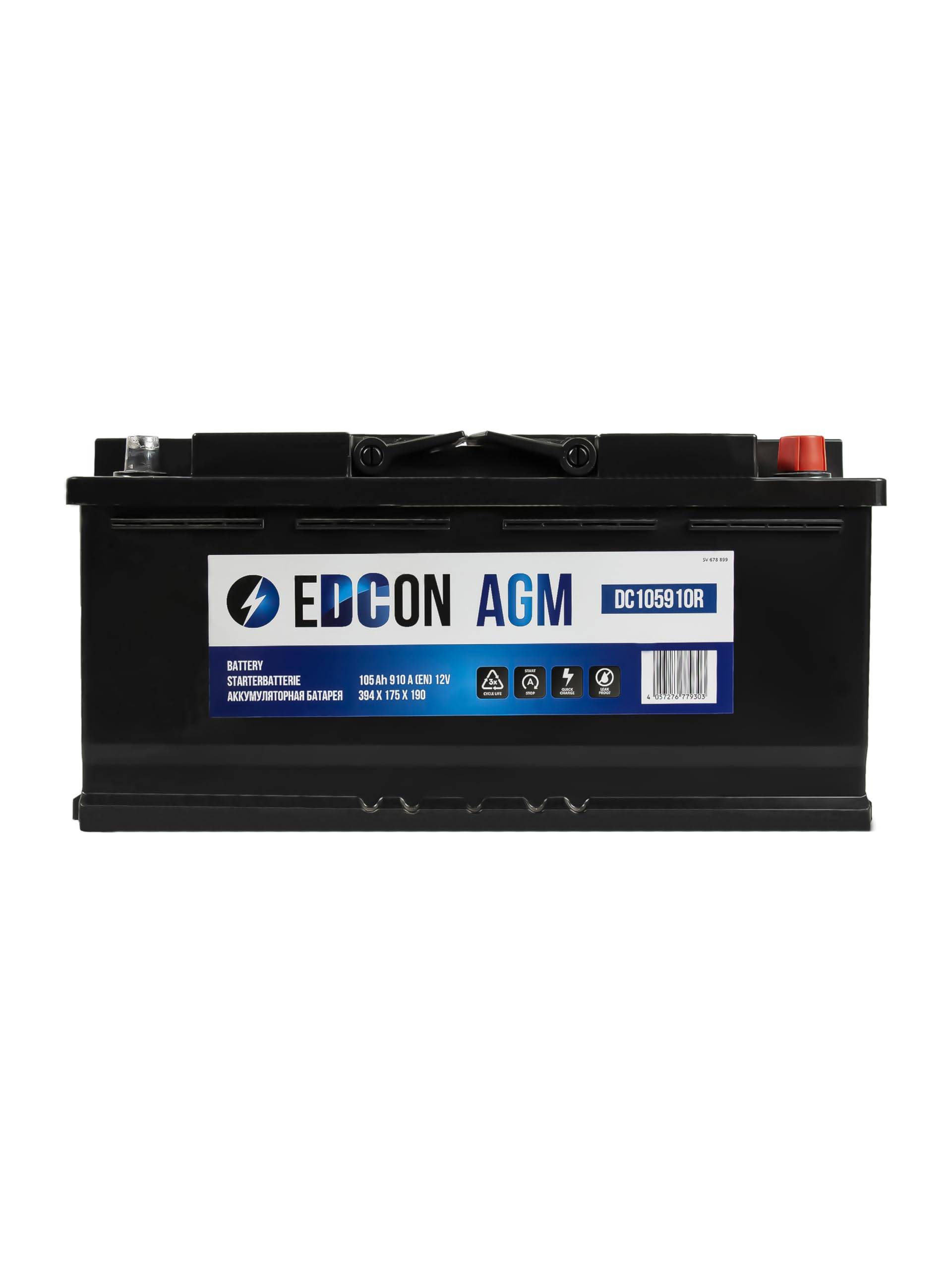 EDCON DC105910R Autobatterie 12V – 105Ah – 910A – Start-Stop Starterbatterie – Bleisäure AGM von EDCON