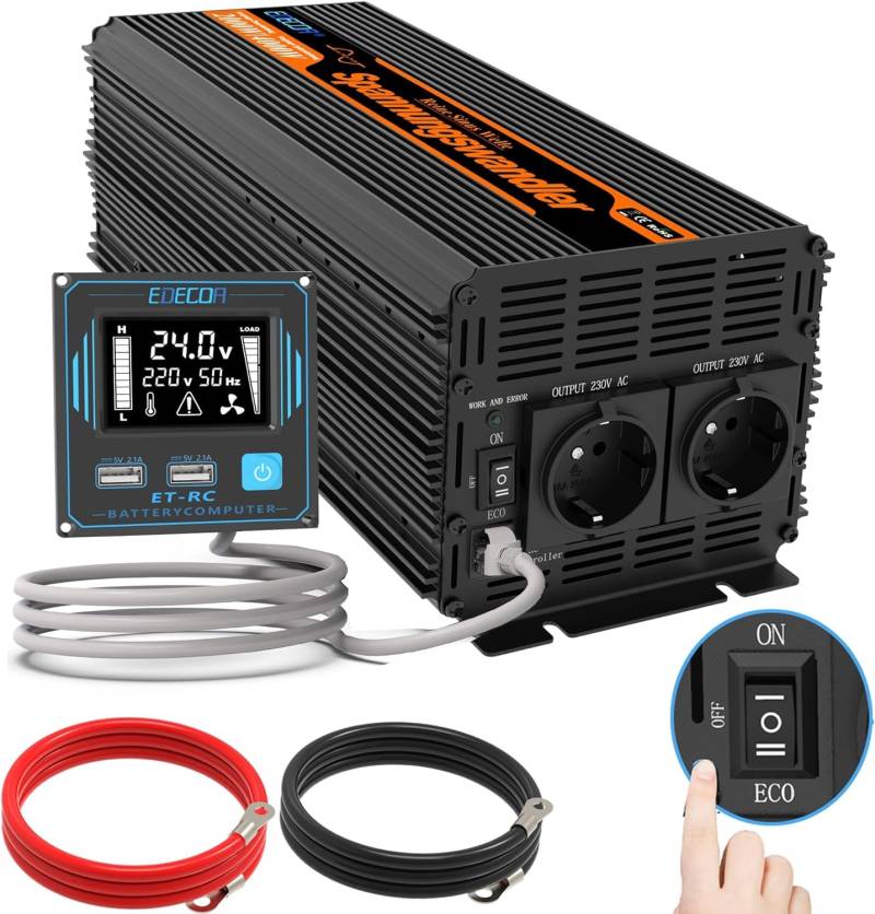 EDECOA Wechselrichter 24v 230v 2000w Spannungswandler Reiner Sinus mit Fernbedienung 2X USB und Bildschirm LCD mit ECO-Modus für Haushaltsgeräten Konverter Stromwandle Power Inverter von EDECOA