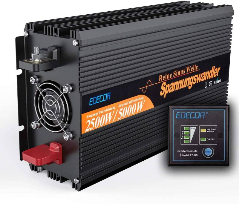 EDECOA Wechselrichter 12v auf 230v Reiner Sinus 2500w Wohnwagen Spannungswandler 2X USB und Fernbedienung KFZ Stromwandler Inverter 12v 220v Umrichter (2500w 12v) von EDECOA