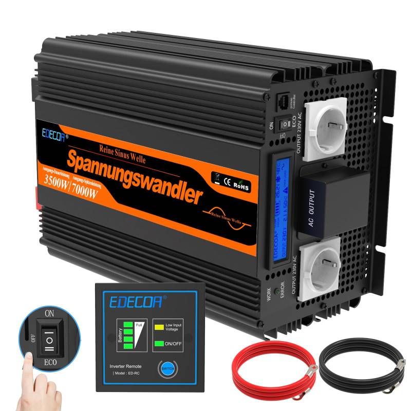 EDECOA Wechselrichter 12v auf 230v Reine Sinus Spannungswandler 3500W und LCD-Bildschirm mit Fernbedienung 2X USB für Wohnmobil solaranlage Power Inverter von EDECOA