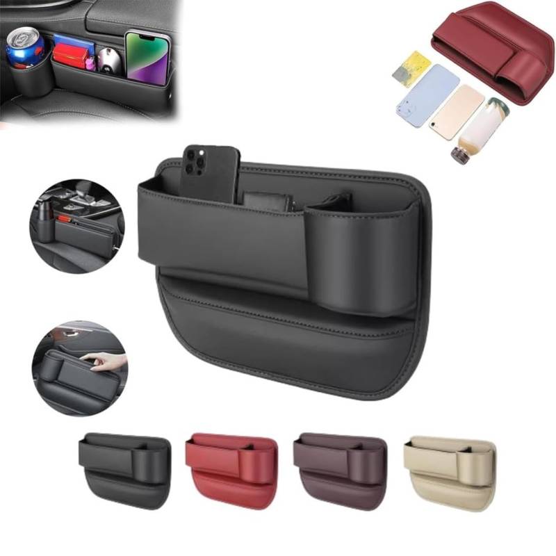 EHOTER Auto Leder Getränkehalter Gap Bag Sitz Lücke Aufbewahrungsbox Verstellbare Autositz Aufbewahrungsbox Leder Getränkehalter Lückentasche mit Getränkehalter für Handys, Brillen, Schlüssel, Karten von EHOTER